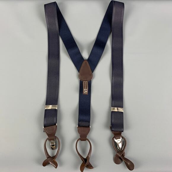 TRAFALGAR Size One Size Navy Brown Leather Elastic Suspenders